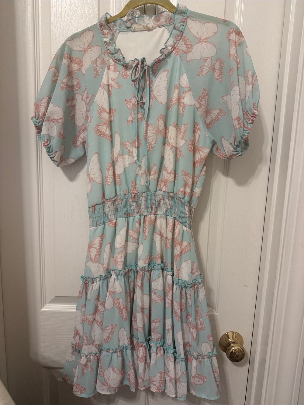 Altar’d state Butterfly Print Ruffle Dress in Light Blue & Pink